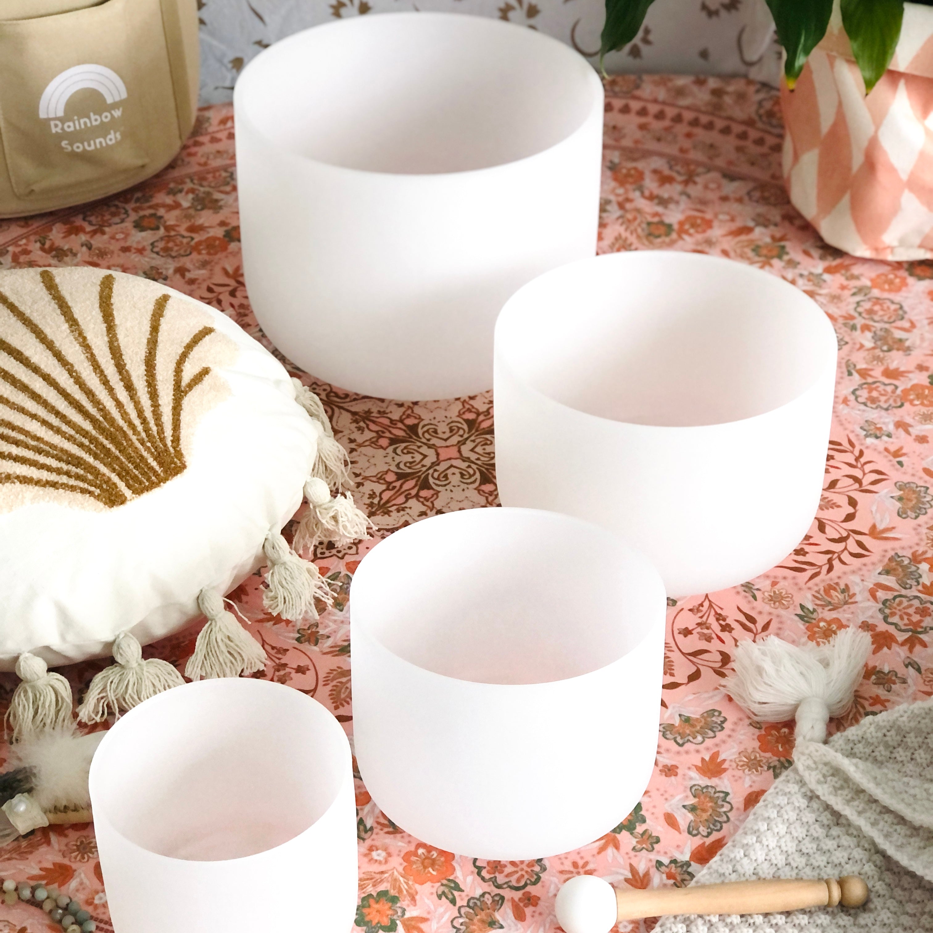 Set of 4 White Sound Therapy Bowls in Beige Carry Case